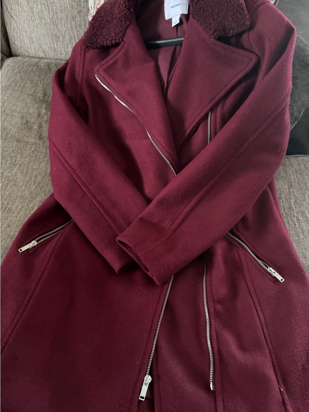 Old Navy Burgundy Wool-Blend Trench Coat with Faux Shearling Collar- Brand new